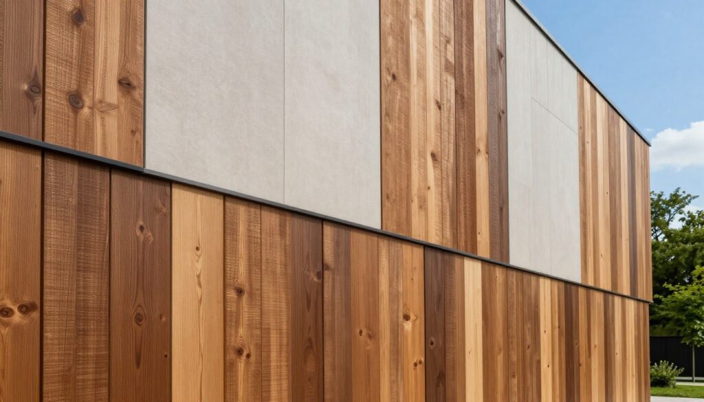 A modern building facade showcasing the contrasting use of natural wood and wood-like materials. In the foreground, display rich, textured wooden planks with varying shades of brown, highlighting the natural grain and knots. In the middle ground, incorporate sleek panels made of PVC, composite, and fiber-cement, designed to mimic wooden appearance but with a smooth, uniform finish. The background features a bright blue sky and lush greenery, creating a vibrant contrast that enhances the warmth of the wood. Use soft, natural lighting to illuminate the textures, capturing a serene and professional atmosphere. The angle should be slightly elevated, providing a comprehensive view of the facade's detailing, ensuring a clear focus on the materials' nuances without any distractions.