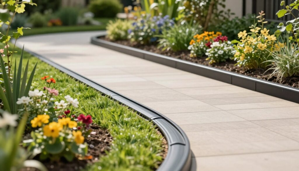 A modern garden pathway featuring innovative plastic and metal edging solutions, including flexible plastic strips and eco-friendly borders, set against a lush green landscape. In the foreground, vibrant flowers and neatly trimmed grass accentuate the edging design. The middle ground showcases the durable, sleek edges contrasting with the organic elements of the garden, creating a harmonious balance between functionality and beauty. The background reveals a peaceful garden scene with soft-focused greenery, highlighting the advantages of these contemporary materials. The sunlight casts gentle shadows, enhancing textures and colors, with a dynamic angle that invites viewers to explore the elegance of modern garden design. The atmosphere is serene and inviting, ideal for any outdoor space.
