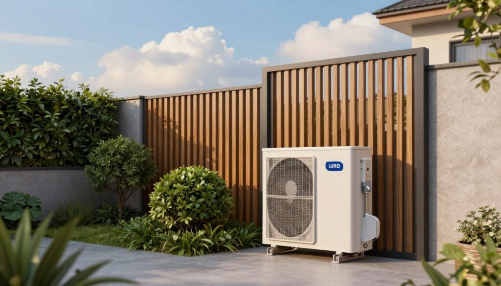 A modern heat pump installation integrated within a stylish backyard setting, emphasizing functionality and aesthetics. In the foreground, the heat pump is partially obscured by a decorative wooden slat screen, allowing for airflow while maintaining a sleek appearance. The middle ground features landscaped greenery and shrubbery artfully placed to enhance the environment without obstructing the heat pump's efficiency. The background consists of a clear blue sky and soft, fluffy clouds, creating a serene atmosphere. The lighting is warm and natural, suggesting late afternoon sun, casting gentle shadows that highlight the details of the installation. The overall mood conveys a balance between technology and nature, ensuring a professional and inviting visual representation.