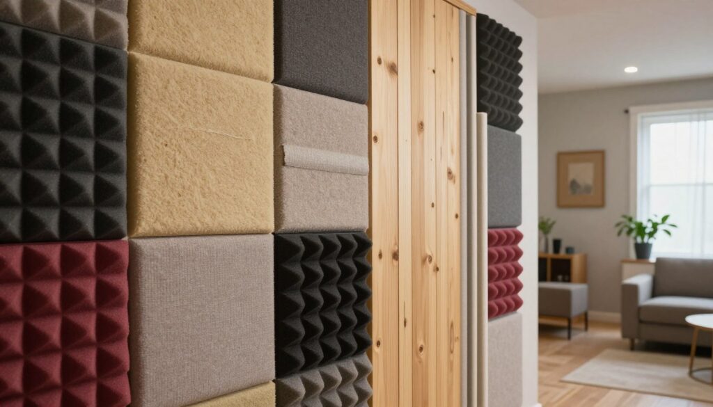 A modern interior room focusing on soundproofed walls, showcasing various sound-dampening materials. In the foreground, display a section of a wall with colorful acoustic panels made from fabric and foam, neatly arranged in a visually appealing pattern. In the middle, show a comparison of different wall systems, such as drywall with insulation, wooden paneling, and weather strips, all designed for noise reduction. In the background, include a calm and cozy living room atmosphere, with minimal furniture, soft lighting from a window, and plants for a serene mood. The angle should be slightly elevated, capturing the textures of the walls while emphasizing the soundproofing elements.