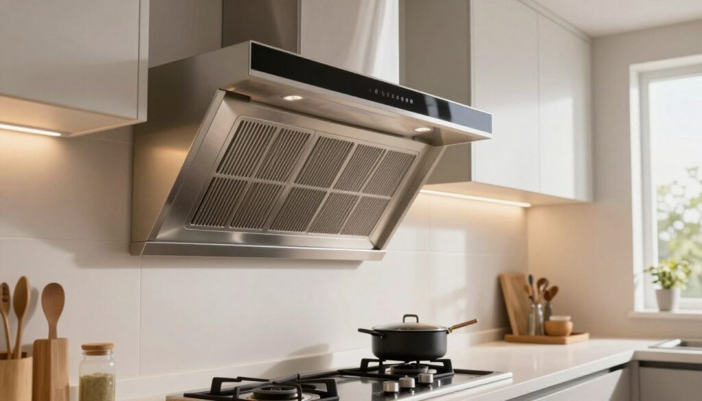 A modern kitchen featuring a sleek, high-efficiency range hood installed over a gas stove. The foreground showcases the elegant range hood, made of stainless steel, reflecting ambient light, and incorporating subtle ventilation grates. In the middle, the gas stove is positioned with pots and pans, demonstrating the cooking area in use. The background reveals well-organized kitchen cabinets and a window letting in natural light, enhancing the airy atmosphere. The scene is well-lit with soft, warm lighting to create a welcoming environment, captured from a slightly elevated angle to highlight the venting system's placement. The overall mood is professional and informative, suitable for an educational article about kitchen ventilation and safety regulations.