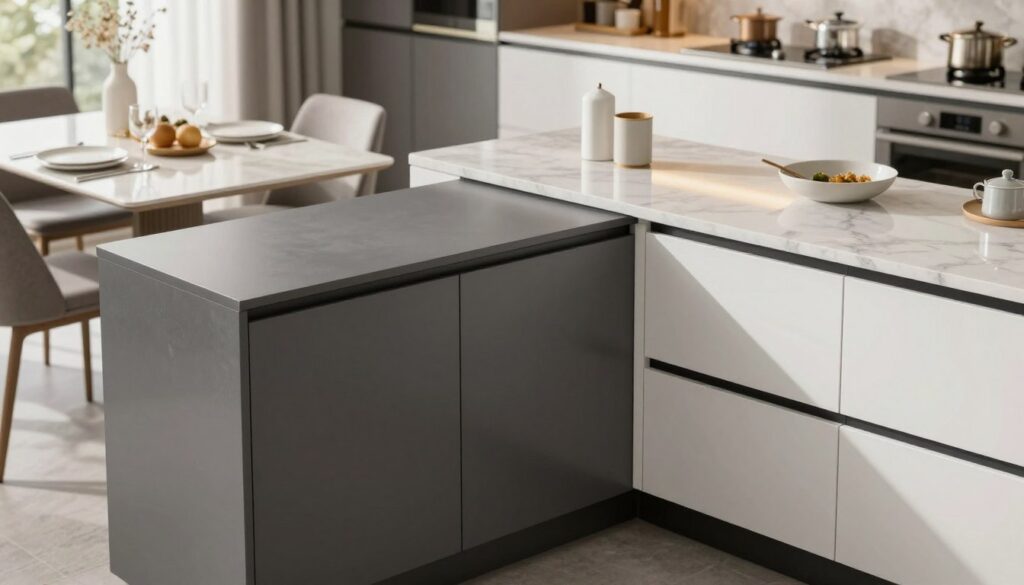 A modern kitchen interior featuring a comparison of matte and glossy kitchen furniture finishes. In the foreground, showcase a sleek matte finish cabinet in dark grey, with textured surfaces and subtle reflections, alongside a glossy white cabinet that sparkles under ambient lighting. Place a stylish countertop made of light marble, adorned with minimalist kitchen accessories. In the middle ground, a contemporary dining table complements the kitchen furniture, set with tasteful dinnerware to suggest a homey atmosphere. The background highlights soft, natural lighting streaming through a window, creating an inviting and warm ambiance. Capture the scene with a slight overhead angle to emphasize the elegant design and the contrasts between the two finishes. The mood should be modern and sophisticated, reflecting usability in daily life. A modern kitchen interior featuring a comparison of matte and glossy kitchen furniture finishes. In the foreground, showcase a sleek matte finish cabinet in dark grey, with textured surfaces and subtle reflections, alongside a glossy white cabinet that sparkles under ambient lighting. Place a stylish countertop made of light marble, adorned with minimalist kitchen accessories. In the middle ground, a contemporary dining table complements the kitchen furniture, set with tasteful dinnerware to suggest a homey atmosphere. The background highlights soft, natural lighting streaming through a window, creating an inviting and warm ambiance. Capture the scene with a slight overhead angle to emphasize the elegant design and the contrasts between the two finishes. The mood should be modern and sophisticated, reflecting usability in daily life.