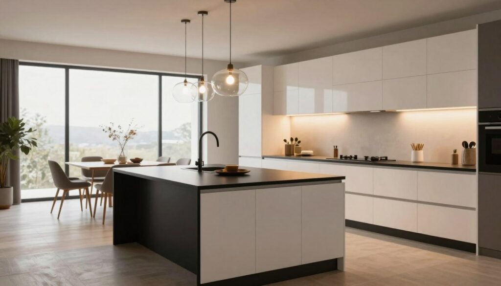 A modern kitchen interior showcasing a harmonious balance between matte and glossy finishes. In the foreground, a sleek island with a matte black countertop contrasts with glossy white cabinets, all elegantly illuminated by warm, diffused lighting. In the middle, a glass pendant light casts soft reflections over the dining area, featuring modest decor. The arrangement promotes a sense of openness, with the floor plan delineating zones for cooking and dining. In the background, large windows allow natural light to flood the space, enhancing the inviting atmosphere. The overall mood is calm and sophisticated, reflecting practicality in design while emphasizing the interplay between matte and glossy surfaces, illustrating how they can complement different kitchen layouts. A modern kitchen interior showcasing a harmonious balance between matte and glossy finishes. In the foreground, a sleek island with a matte black countertop contrasts with glossy white cabinets, all elegantly illuminated by warm, diffused lighting. In the middle, a glass pendant light casts soft reflections over the dining area, featuring modest decor. The arrangement promotes a sense of openness, with the floor plan delineating zones for cooking and dining. In the background, large windows allow natural light to flood the space, enhancing the inviting atmosphere. The overall mood is calm and sophisticated, reflecting practicality in design while emphasizing the interplay between matte and glossy surfaces, illustrating how they can complement different kitchen layouts.