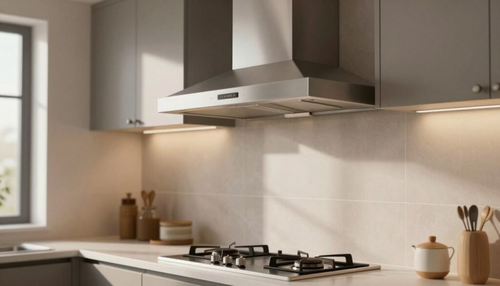 A modern kitchen scene showcasing the height of a kitchen range hood (okap) above a gas stove. In the foreground, the sleek, stainless steel range hood is installed at an ideal height, with clear focus on its design features and ventilation function. In the middle ground, a gas stove is positioned beneath the hood, highlighted by subtle lighting that emphasizes the contrast between the stainless materials and the countertop. The background features elegant cabinetry and backsplash tiles, creating a warm yet contemporary atmosphere. Soft, natural light filters in through a window, casting gentle shadows to enhance depth. The composition captures a practical, safe installation height, illustrating the relationship between the range hood and stove, promoting a clean and well-organized kitchen space.