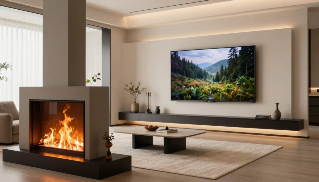 A modern living room featuring a stylish fireplace adjacent to a large television. In the foreground, a sleek, contemporary fireplace with a warm flame, with decorative elements like a small plant and elegant fire tools. The middle ground showcases a large flat-screen TV mounted on a feature wall, displaying a serene nature scene. Soft lighting illuminates the space, creating a cozy and inviting atmosphere. The walls are painted in neutral tones, and there’s a plush area rug under a modern coffee table. The background includes a large window with sheer curtains allowing natural light to pour in. The scene conveys a sense of safety and aesthetic harmony, focusing on the ideal distance between the fireplace and the television for practical living.