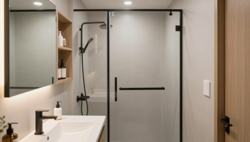 A modern, narrow bathroom layout featuring a sleek corner shower, minimalist sink, and compact storage solutions. The foreground shows a stylish, wall-mounted mirror reflecting soft, warm lighting that enhances the sense of space. In the middle, the layout emphasizes ergonomic design, with intelligently placed fixtures allowing for easy movement. The background includes a light color palette of soft greys and whites, complemented by natural wood accents, creating a serene atmosphere. The lighting is bright but diffused, providing an inviting feel while showcasing the intelligent use of space. The image captures the essence of modern bathroom planning, emphasizing functionality and contemporary aesthetics. A modern, narrow bathroom layout featuring a sleek corner shower, minimalist sink, and compact storage solutions. The foreground shows a stylish, wall-mounted mirror reflecting soft, warm lighting that enhances the sense of space. In the middle, the layout emphasizes ergonomic design, with intelligently placed fixtures allowing for easy movement. The background includes a light color palette of soft greys and whites, complemented by natural wood accents, creating a serene atmosphere. The lighting is bright but diffused, providing an inviting feel while showcasing the intelligent use of space. The image captures the essence of modern bathroom planning, emphasizing functionality and contemporary aesthetics.