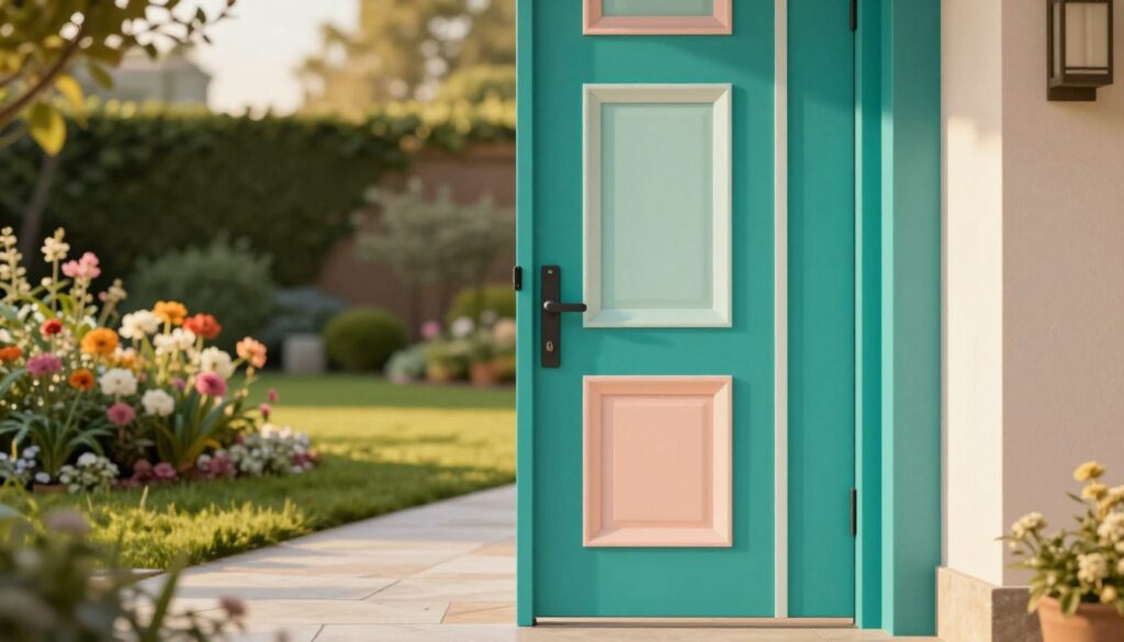 A modern outdoor entrance door featuring vibrant colors, showcasing a stylish and contemporary design. The door is situated prominently in the foreground, highlighting its eye-catching hues, specifically a rich teal complemented by soft pastel accents. In the middle background, a beautifully landscaped garden with blooming flowers in warm shades enhances the door's appeal, creating a welcoming atmosphere. The scene is set during golden hour, with soft, warm lighting that casts gentle shadows and adds depth. Use a shallow depth of field to softly blur the garden behind the door, drawing attention to its intricate details and textures. This image conveys a fresh, inviting mood, ideal for inspiring readers on color choices for home entrances. A modern outdoor entrance door featuring vibrant colors, showcasing a stylish and contemporary design. The door is situated prominently in the foreground, highlighting its eye-catching hues, specifically a rich teal complemented by soft pastel accents. In the middle background, a beautifully landscaped garden with blooming flowers in warm shades enhances the door's appeal, creating a welcoming atmosphere. The scene is set during golden hour, with soft, warm lighting that casts gentle shadows and adds depth. Use a shallow depth of field to softly blur the garden behind the door, drawing attention to its intricate details and textures. This image conveys a fresh, inviting mood, ideal for inspiring readers on color choices for home entrances.