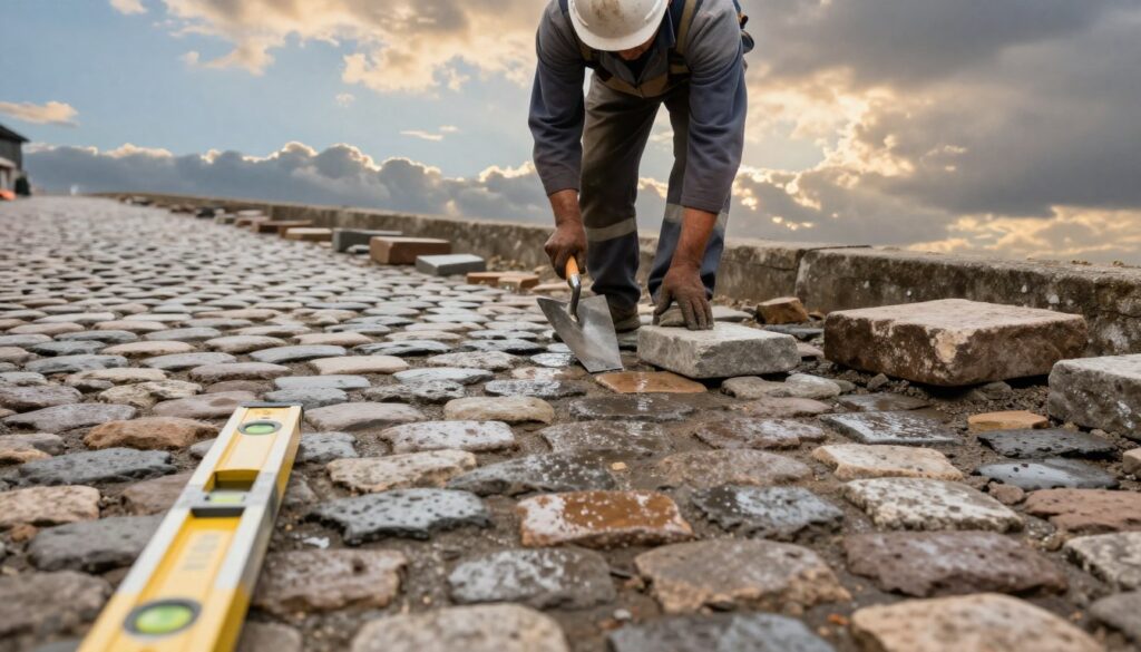 A picturesque cobblestone street being laid, showcasing varying textures of wet and dry stones, with a focus on the tools of the trade such as a trowel and levels in the foreground. In the middle, a skilled worker in professional attire, wearing a hard hat, carefully adjusts a stone for perfect alignment, showcasing concentration and diligence. The background features a dynamic sky reflecting seasonal changes, with a mix of soft clouds, hinting at recent rain and clear patches suggesting potential for sunny weather. Gentle lighting enhances the warm tones of the stones, creating an inviting atmosphere that embodies the connection between weather conditions and the quality of work. The scene captures a sense of purpose and environmental impact on cobblestone laying, with an emphasis on the seasonal aspects influencing the task.