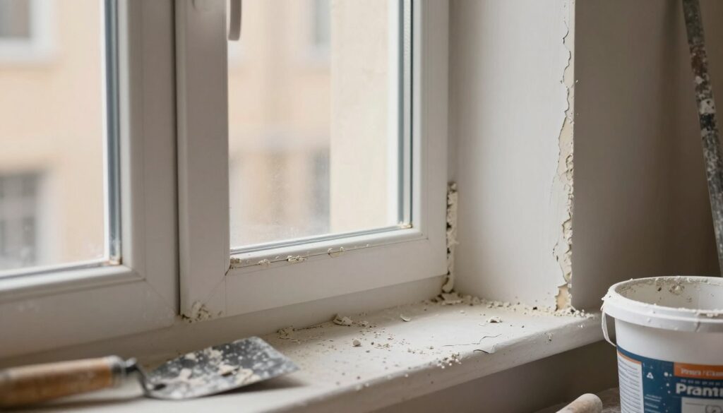 A poorly executed interior window plastering job, showcasing common mistakes such as uneven surfaces, excess plaster debris, and cracks around the edges. In the foreground, tools like a trowel and a small bucket of plaster sit beside a window. The middle ground features the window frame, poorly finished with rough textures and patchy areas of plaster. The background fades into a soft focus of an interior room with warm, diffused lighting, creating a cozy but flawed atmosphere. The angle is a close-up capturing the intricate details of the mistakes for educational purposes, emphasizing the importance of proper technique in window plastering.