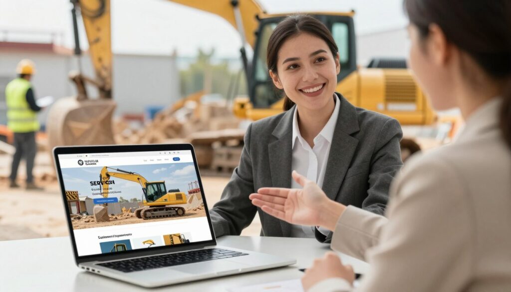 A professional business setting showcasing a well-organized equipment service profile. In the foreground, a sleek laptop displays a visually appealing website with a service offering for excavators, featuring clear images of modern machinery and user-friendly navigation. In the middle ground, a confident, sharply dressed businessperson (male or female) gestures towards the laptop, engaging with an unseen client, embodying professionalism and approachability. The background includes soft-focus construction site elements, like parked excavators and workers wearing safety gear, emphasizing the industry context. The lighting is bright and warm, creating an inviting and optimistic atmosphere. The composition should feel aspirational, highlighting success in attracting clients through an effective online presence.