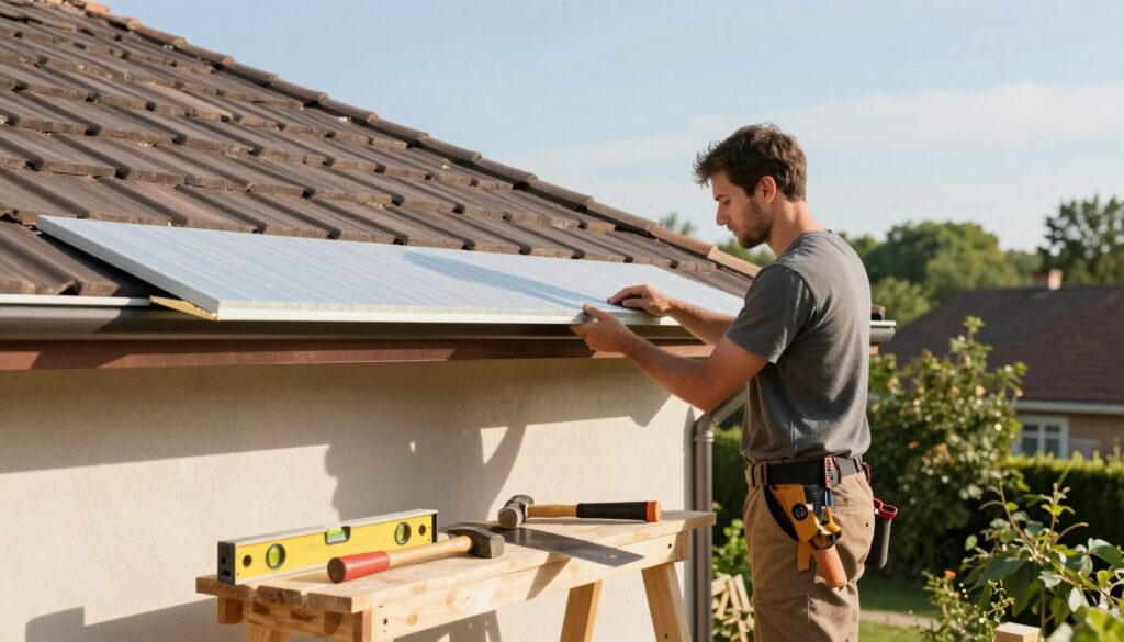 A professional carpenter in casual work clothes is focused on installing a soffit board on a pitched roof. In the foreground, detailed tools like a level, hammer, and saw rest on a wooden scaffold. The middle ground showcases the soffit installation process, with the carpenter carefully positioning the board under the eaves. Surrounding greenery and distant rooftops create a vibrant yet calming backdrop, under a clear blue sky. Warm, natural lighting casts soft shadows, enhancing the scene's realism and depth. The atmosphere is industrious yet organized, showing meticulous craftsmanship as the carpenter pays attention to the sequential steps of the installation process.