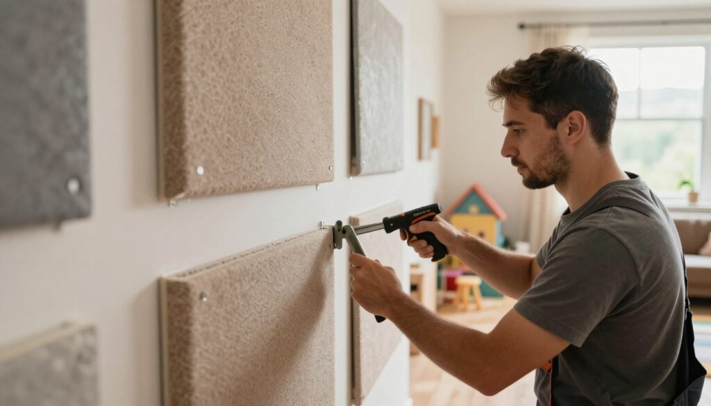 A professional interior setting showcasing the installation of wall protection solutions. In the foreground, a skilled technician in a modest casual outfit carefully mounts a durable wall guard using high-quality tools, focused and precise. The middle layer features various wall protection materials such as corner guards and wall panels, with detailed textures highlighting their durability. In the background, a bright and well-lit room displays a child’s play area, emphasizing safety and practicality. Natural light filters through a window, creating a warm atmosphere. The overall mood conveys a sense of reliability and professionalism, ideal for long-lasting home protection solutions. The composition is balanced with a slight angle to capture both the installation process and the protective features prominently.