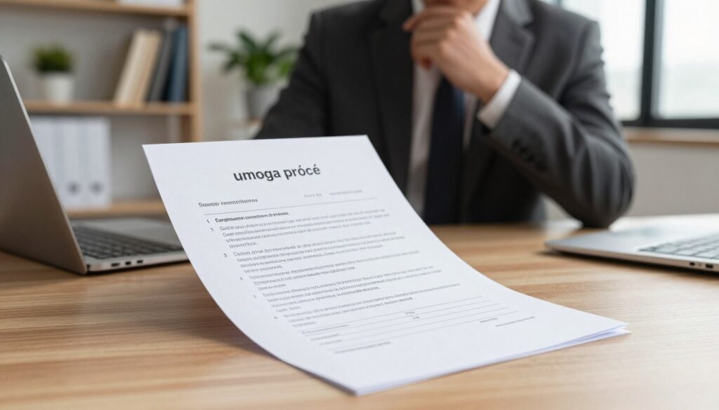 A professional office environment featuring a detailed "umowa o pracę" (employment contract) prominently placed on a wooden desk. In the foreground, the contract is folded open, showcasing clear sections and bullet points outlining job responsibilities, conditions, and salary details. Midground displays a focused individual in business attire, reviewing the contract with a thoughtful expression, exuding professionalism and diligence. The background shows soft-focus elements, such as a modern office setting with shelves of books, a potted plant, and a window letting in natural light, creating a warm and welcoming atmosphere. The lighting is soft and inviting, enhancing the serious tone of the subject. The composition should evoke a sense of clarity, professionalism, and preparedness for the workplace.