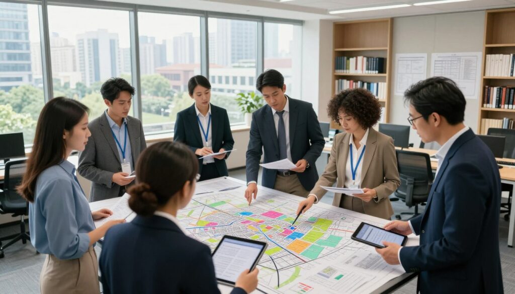 A professional setting depicting a city planning office filled with activity. In the foreground, a diverse group of planners and architects, dressed in smart business attire, are engaged in a discussion around a large map of a city. They analyze zoning regulations and property plans, with documents and digital tablets in hand. The middle ground features large windows allowing natural light to flood the room, showcasing views of city buildings and parks. In the background, shelves filled with books and blueprints enhance the atmosphere of professionalism and expertise. The lighting is bright and inviting, creating a productive mood. The angle captures the group in a dynamic composition, emphasizing collaboration and decision-making in urban development.