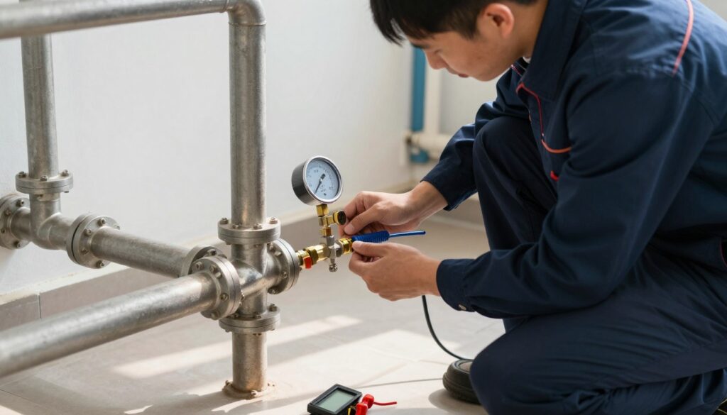 A professional setting showcasing a technician conducting a leak test on a piping installation. In the foreground, the technician, dressed in a smart uniform, kneels beside a pressure gauge connected to a section of visible plumbing, examining the readings intently. The middle ground features a detailed view of the piping system, highlighting the junctions and connections, with tools neatly arranged beside the technician. The background presents a well-lit room with subtle plumbing details, such as floor tiles and wall finishes, enhancing the context. The lighting is bright and natural, casting soft shadows that convey a focused and industrious atmosphere. The image should evoke a sense of professionalism and technical precision.