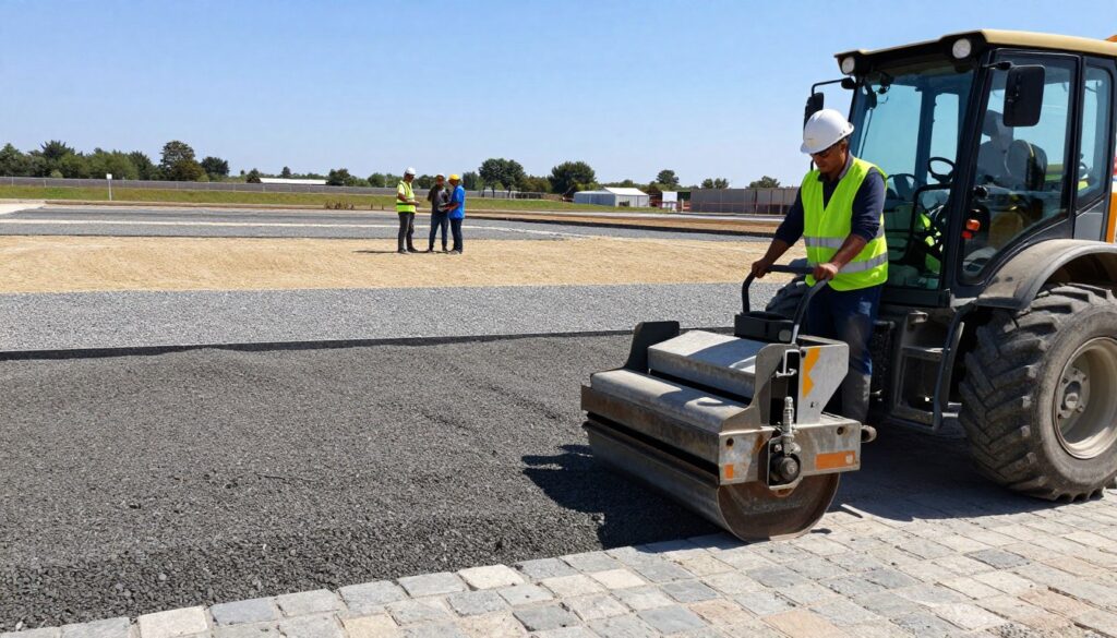 A professional setting showcasing the process of layer compaction for a gravel sub-base in preparation for cobblestone installation. In the foreground, a heavy machinery operator dressed in a hard hat and safety vest carefully operates a plate compactor, focusing on the compacted gravel layer. The middle ground reveals neatly arranged layers of gravel and sand, illustrating the various depths before compaction. In the background, construction workers are seen discussing the project while a clear blue sky provides ample sunlight, casting soft shadows on the ground. The atmosphere is one of diligence and precision, emphasizing the importance of proper compaction to prevent future settling. Capture this scene from a slightly elevated angle, highlighting the layered materials and the workflow of the operation.