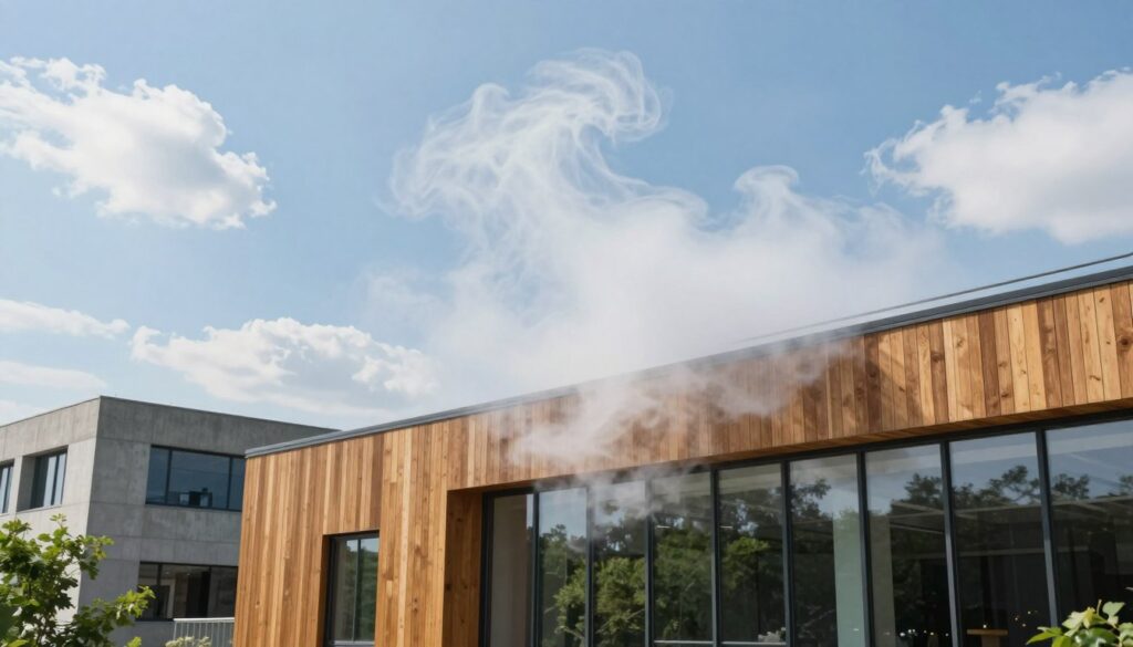 A realistic depiction of carbon dioxide as a gaseous cloud, subtly swirling and diffusing in the air, illustrating its presence in an urban environment. In the foreground, focus on a sleek wooden building with modern architectural design, showcasing large glass windows that reflect the surrounding greenery. In the middle ground, include a concrete and steel structure juxtaposed against the wooden building, emphasizing the contrasting materials. The background features a bright blue sky with a few scattered clouds, enhancing the atmosphere of a clean environment. Use soft, natural lighting to create a serene and informative mood, highlighting the thematic focus on sustainability and carbon footprint. Capture this scene from a slightly elevated angle to provide depth and perspective.