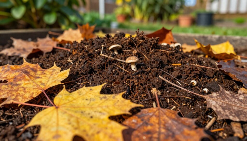 A rich and textured close-up of leaf mold, portraying a dark, earthy compost made from autumn leaves. In the foreground, vibrant, decomposed leaves of various colors—golden yellows, deep oranges, and rustic browns—are contrasted against the moist, dark soil. The middle layer features small twigs and tiny mushrooms, adding to the organic feel. In the background, a soft-focus garden reveals hints of greenery, suggesting a vibrant ecosystem nurtured by compost. The scene is illuminated by gentle, warm sunlight, creating an inviting atmosphere of natural growth and sustainability. Capture this image using a shallow depth of field to emphasize the texture of the compost while maintaining a serene and earthy mood. A rich and textured close-up of leaf mold, portraying a dark, earthy compost made from autumn leaves. In the foreground, vibrant, decomposed leaves of various colors—golden yellows, deep oranges, and rustic browns—are contrasted against the moist, dark soil. The middle layer features small twigs and tiny mushrooms, adding to the organic feel. In the background, a soft-focus garden reveals hints of greenery, suggesting a vibrant ecosystem nurtured by compost. The scene is illuminated by gentle, warm sunlight, creating an inviting atmosphere of natural growth and sustainability. Capture this image using a shallow depth of field to emphasize the texture of the compost while maintaining a serene and earthy mood.