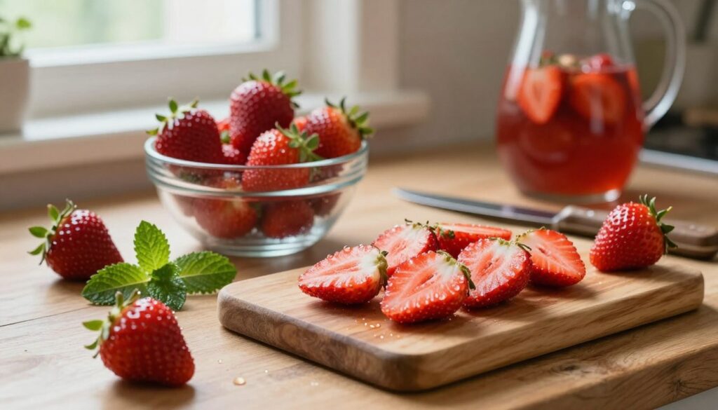 A rustic kitchen counter set with fresh strawberries, their vibrant red hues glistening with droplets of water, signaling ripeness. In the foreground, a wooden cutting board showcases neatly sliced strawberries, surrounded by sprigs of mint and a few whole berries. In the middle, a glass bowl filled with strawberries awaits preparation, with a small knife resting beside it. The background features soft, natural light illuminating the scene from a nearby window, adding a warm atmosphere to the composition. The overall mood is inviting and fresh, capturing the essence of preparing strawberries for cooking. A slightly blurred view of a pitcher and glasses hint at the homemade strawberry compote to come.