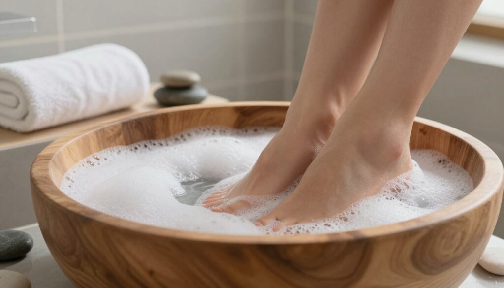 A serene bathroom setting with a wooden basin filled with gray soap suds, invitingly warm. In the foreground, a pair of feet are gently submerged in the bubbles, showcasing a soothing spa-like experience. The middle ground features natural elements like smooth stones and soft towels, enhancing the homey atmosphere. The background is softly out of focus, hinting at a calming interior with muted colors, such as light grays and soft whites. Warm, diffused lighting casts a gentle glow, adding to the relaxing ambiance. The composition focuses on the feet and the cozy environment, emphasizing foot care and relaxation without distractions, creating a tranquil and inviting mood.