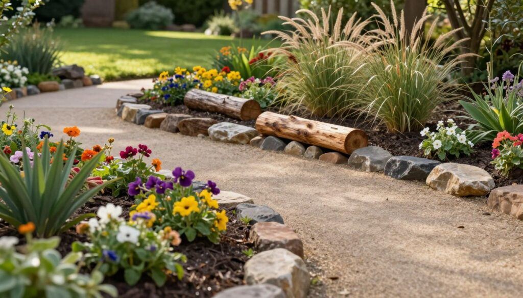 A serene garden pathway featuring various practical and aesthetic alternatives to traditional sidewalk edging. In the foreground, vibrant flower beds with colorful blooms gracefully mingle with natural stone borders, while a gentle curve leads towards a gravely pathway. The middle ground showcases beautifully arranged wooden logs and sustainable plant materials that create an organic feel, complemented by ornamental grasses swaying in the breeze. The background includes a well-maintained lawn with lush greenery under dappled sunlight, filtered through trees. The atmosphere is peaceful and inviting, with soft, warm lighting accentuating the textures and colors of the materials used. The scene is captured from a slightly elevated angle to showcase the layering and depth of the garden.