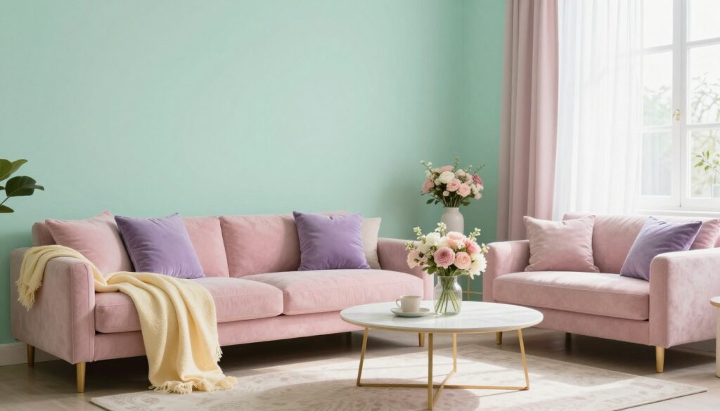 A serene interior showcasing a mint green wall, harmoniously blending with pastel accents. In the foreground, a cozy seating area features a soft pink couch adorned with lavender cushions and subtle vanilla-yellow throw blankets. The middle ground includes a stylish coffee table with delicate floral arrangements in pastel shades, creating a focal point. In the background, light streams in through sheer curtains, illuminating the room and enhancing the airy atmosphere. The overall scene captures a light, refreshing mood, embodying a modern, elegant aesthetic with a focus on pastel color combinations. Soft, natural lighting and a warm ambiance create a tranquil, inviting space perfect for relaxation and inspiration. A serene interior showcasing a mint green wall, harmoniously blending with pastel accents. In the foreground, a cozy seating area features a soft pink couch adorned with lavender cushions and subtle vanilla-yellow throw blankets. The middle ground includes a stylish coffee table with delicate floral arrangements in pastel shades, creating a focal point. In the background, light streams in through sheer curtains, illuminating the room and enhancing the airy atmosphere. The overall scene captures a light, refreshing mood, embodying a modern, elegant aesthetic with a focus on pastel color combinations. Soft, natural lighting and a warm ambiance create a tranquil, inviting space perfect for relaxation and inspiration.