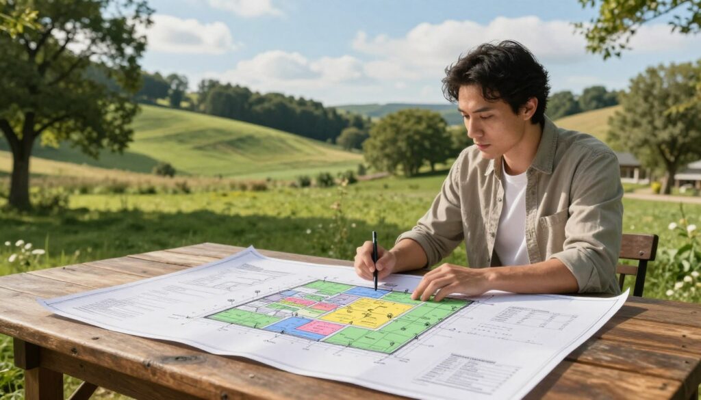A serene landscape showcasing a potential plot for a holiday cottage, surrounded by lush greenery and rolling hills. In the foreground, detailed elements include a clear blueprint of the site plan spread out on a rustic wooden table, showcasing zoning regulations and land use plans. In the middle ground, a professional in modest casual attire examines the plan, with a look of concentration, next to markers indicating different zoning areas. The background features a picturesque setting with trees and a gentle slope, under a bright blue sky scattered with soft clouds. Warm, natural lighting enhances the atmosphere, creating a sense of calm and contemplation about future building possibilities. The overall mood is both hopeful and practical, reflecting a thoughtful approach to land development.