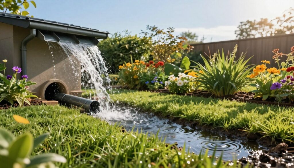 A serene landscape showcasing a well-maintained garden featuring an effective drainage system for rainwater management. In the foreground, there is a lush patch of green grass where water seeps gently into the soil, illustrated by small ripples forming in the ground. To the left, a series of elegant rain gutters are positioned above, directing water flow into a buried drainage pipe. The middle ground includes a variety of vibrant flowers and shrubs, thriving due to the water absorption from the ground. In the background, a clear blue sky enhances the natural setting, illuminated by warm sunlight. The scene conveys a sense of harmony between nature and human engineering, emphasizing the importance of effective water drainage solutions.