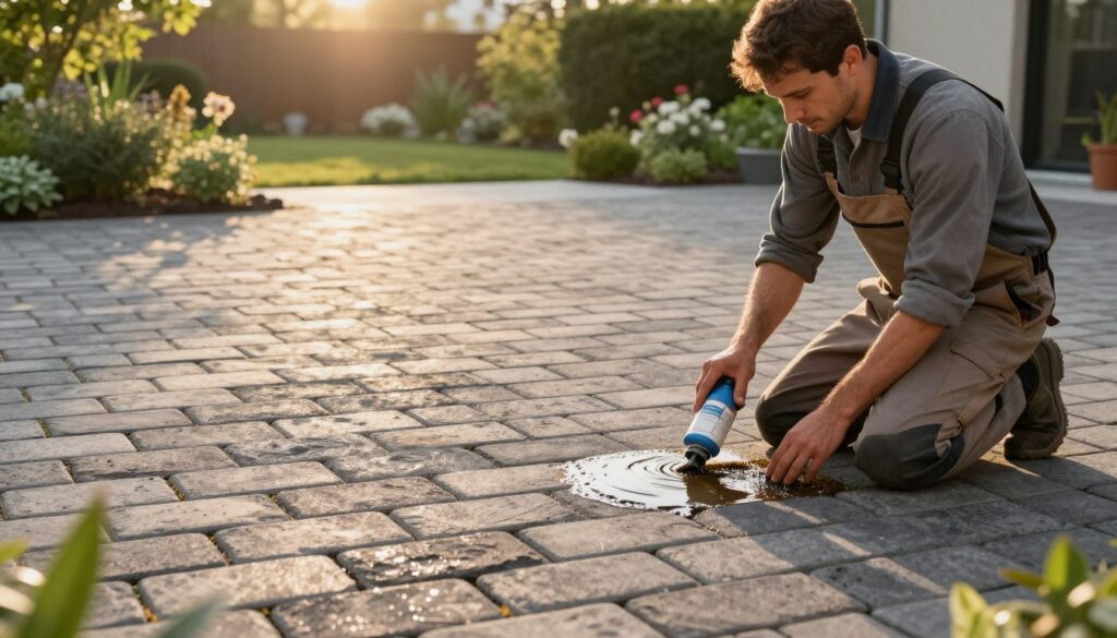 A serene outdoor setting showcasing a recently paved patio with stunning, well-maintained cobblestones. In the foreground, depict a professional landscaper kneeling on the ground, carefully applying a protective sealant to the bricks, dressed in practical work attire. In the middle ground, illustrate a partial view of the patio area where the treated stones gleam slightly under the soft, golden sunlight. The background should feature lush greenery and blooming plants, creating an inviting atmosphere. The scene should evoke a sense of thoroughness and care, emphasizing the importance of timing in pavement impregnation. Capture the warm, natural lighting of a late afternoon, enhancing the texture of the cobblestones and the sheen of the sealant, creating an informative and visually appealing illustration.