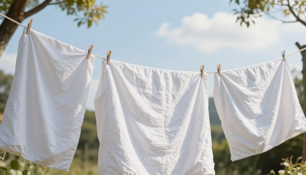 A serene scene of freshly laundered bed linens suspended in the air on a sunny day, gently swaying in the breeze. In the foreground, a close-up view of soft, white sheets and pillowcases, their fabric textured and inviting, reflecting the sunlight. In the middle ground, a simple wooden clothesline strung between two trees, adorned with clips holding the linens in place. The background features a clear blue sky and scattered, fluffy clouds, creating a tranquil atmosphere. The light is warm and soft, emphasizing the freshness of the linens and the peaceful surroundings. The image conveys a sense of calm and cleanliness, ideal for illustrating the joy of drying fresh linens outdoors.