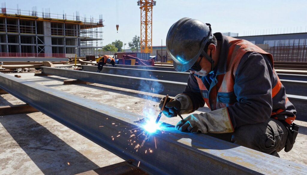A skilled steel construction worker in the foreground, wearing a safety helmet and protective gloves, is focused on welding a large steel beam. The vibrant blue arcs of the welding torch illuminate the scene, creating dynamic sparks that reflect off nearby surfaces. In the middle ground, several unfabricated steel components are arranged, while a modern construction site stretches into the background with cranes and scaffolding. The scene is set during a clear day with natural lighting, casting shadows that emphasize the worker's concentration and the complexity of the steel structure. The atmosphere conveys a sense of professionalism and craftsmanship, highlighting the meticulous nature of steel construction work.