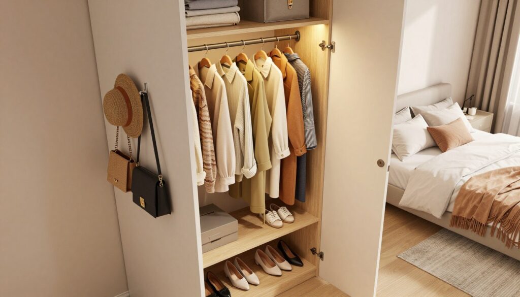 A small, narrow wardrobe in an elegantly designed bedroom, featuring modern storage solutions to maximize space. The wardrobe is filled with neatly arranged clothes, shoes, and accessories, showcasing efficient organization. In the foreground, display stylish hooks on the door holding bags and hats. The middle section features an open wardrobe with natural wood shelving, soft lighting illuminating an array of colors and textures in the clothes. The background includes a cozy bed with minimalist bedding, soft pastel tones complementing the wardrobe. The lighting is warm and inviting, casting gentle shadows that enhance the room's relaxed atmosphere. The angle is slightly elevated, providing a wide view that captures both the wardrobe and the serene ambiance of the bedroom.