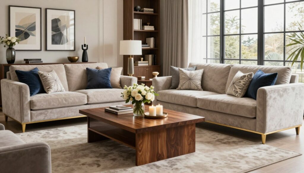 A sophisticated living room interior designed in a modern classic style, featuring a neutral color palette of soft beige, warm greys, and deep navy accents. In the foreground, a plush, elegant velvet sofa with gold trim, adorned with decorative cushions in complementary shades. The middle ground showcases a refined coffee table made of rich mahogany, topped with an artistic arrangement of fresh flowers and candles. The background reveals tastefully framed artwork, a stylish bookshelf with curated decor, and large windows allowing warm, natural light to pour in, enhancing the inviting atmosphere. The scene conveys a sense of luxury and comfort, blending timeless elegance with contemporary elements, ideal for modern living spaces.