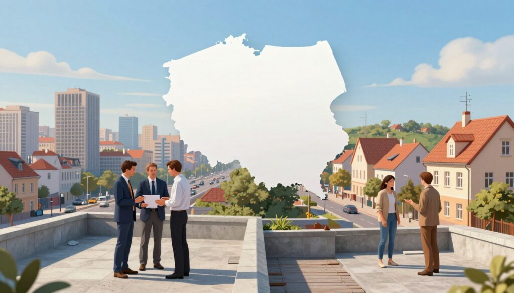 A split-image illustration showcasing differences in labor costs for concrete terraces in Poland based on geography. The foreground features two distinct cityscapes: on the left, a bustling large city with modern high-rise buildings, busy streets, and professionals in business attire discussing prices. On the right, a serene small town with traditional architecture, quiet streets, and locals in modest casual clothing evaluating terrace options. The middle ground blends the two environments, representing the transition from urban to rural. The background displays a clear blue sky contrasted with soft, warm lighting, setting a professional yet approachable atmosphere. The overall composition should emphasize the contrast between the two locations, focusing on the economic narrative without any text or distractions.