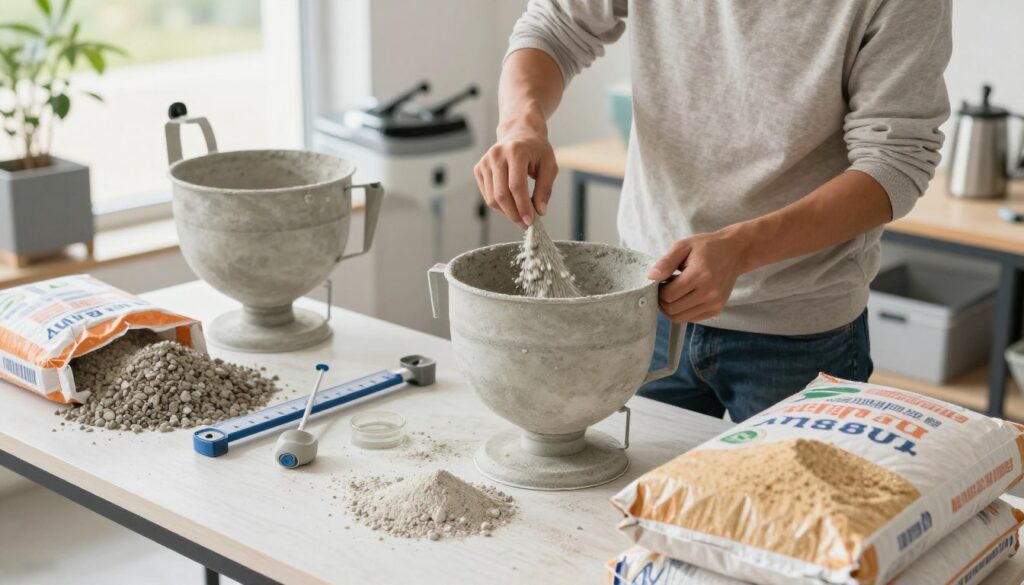 A step-by-step depiction of the concrete mixing process, showcasing a professional setting. In the foreground, a clean workbench with essential tools: a cement mixer, measuring tools, and bags of raw materials like cement, gravel, and sand. The middle ground features a person in modest casual clothing accurately adding materials to the mixer, demonstrating the order of ingredient addition. The background displays various equipment and a sunny outdoor environment enhancing clarity. Soft natural lighting illuminates the scene, highlighting the textures of the materials and the focused expression of the mixer operator. The angle is slightly elevated, offering a comprehensive view of the mixing process, creating an informative and engaging atmosphere.