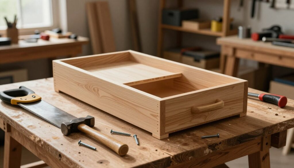 A step-by-step illustration of building a workshop drawer, depicting a wooden workbench as the foreground element, with various woodworking tools like a saw, hammer, and screws scattered around. In the middle, a partially assembled drawer showcases detailed components like the sides, base, and handles, with clear joinery techniques visible. The background features a workshop atmosphere, with shelves filled with tools and materials, dimly lit by warm, natural light streaming through a window, creating an inviting and focused mood. The angle should be slightly elevated to capture the dynamic action of the construction process, highlighting craftsmanship and attention to detail. The image should be devoid of any text or branding elements.