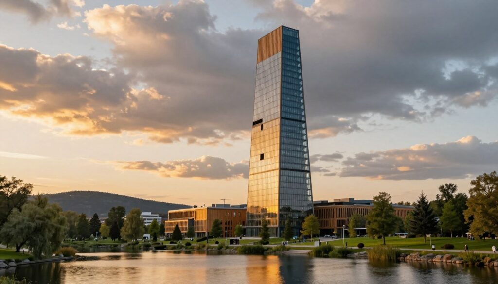 A stunning and modern architectural masterpiece, Mjøstårnet, stands tall as the world's highest wooden building, showcasing its sleek, contemporary design with a combination of glass and timber elements. In the foreground, a serene lakeside view reflects the building's striking silhouette. The middle ground features lush greenery and a well-manicured park, emphasizing sustainability. In the background, gentle hills rise beneath a vibrant sunset sky filled with dramatic clouds, casting warm golden hues on the structure. The scene captures a tranquil yet awe-inspiring atmosphere, demonstrating architectural innovation and harmony with nature. The image has soft, natural lighting, creating a welcoming mood, viewed from a slightly elevated angle to highlight the impressive height and details of the building without any text or overlays.