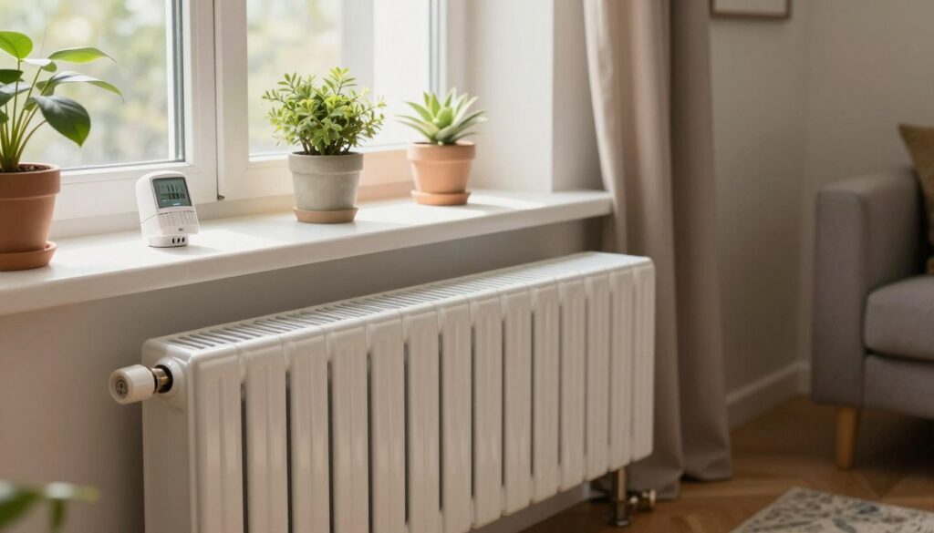 A stylish and modern radiator placed under a large window in a cozy living room. The foreground features a sleek radiator with elegant covers, designed to blend seamlessly into the decor. In the middle, there are decorative elements such as potted plants and a stylish thermoregulator placed nearby to symbolize accessibility. The background includes soft drapes cascading down from the window, allowing gentle sunlight to filter through, creating a warm atmosphere. Use natural lighting to highlight the textures of the radiator and the soft materials in the room, captured from an angle that emphasizes both the radiator and the inviting space around it. The overall mood should evoke a sense of comfort and efficiency in home heating, showcasing practical design principles. A stylish and modern radiator placed under a large window in a cozy living room. The foreground features a sleek radiator with elegant covers, designed to blend seamlessly into the decor. In the middle, there are decorative elements such as potted plants and a stylish thermoregulator placed nearby to symbolize accessibility. The background includes soft drapes cascading down from the window, allowing gentle sunlight to filter through, creating a warm atmosphere. Use natural lighting to highlight the textures of the radiator and the soft materials in the room, captured from an angle that emphasizes both the radiator and the inviting space around it. The overall mood should evoke a sense of comfort and efficiency in home heating, showcasing practical design principles.