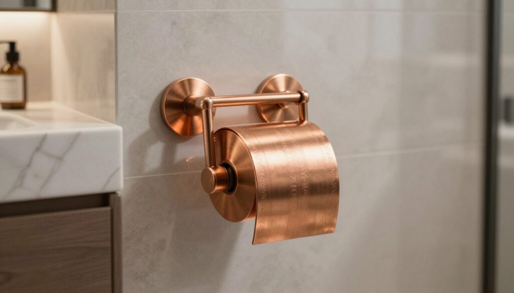A stylish copper toilet paper holder prominently displayed in a modern bathroom setting. In the foreground, focus on the beautifully designed wall-mounted holder, crafted from polished copper with intricate patterns, showcasing its elegance. The middle background features a luxurious bathroom environment, complete with soft ambient lighting, a sleek marble countertop, and minimalist decor to highlight the holder as a key design element. Soft shadows enhance the shiny texture of the copper, creating a warm, inviting atmosphere. Ensure the image captures a slight angle to showcase both the holder and its mounting, emphasizing the function and design of wall-mounted, freestanding, and recessed options. The overall mood is sophisticated and contemporary, ideal for inspiring bathroom decor choices. A stylish copper toilet paper holder prominently displayed in a modern bathroom setting. In the foreground, focus on the beautifully designed wall-mounted holder, crafted from polished copper with intricate patterns, showcasing its elegance. The middle background features a luxurious bathroom environment, complete with soft ambient lighting, a sleek marble countertop, and minimalist decor to highlight the holder as a key design element. Soft shadows enhance the shiny texture of the copper, creating a warm, inviting atmosphere. Ensure the image captures a slight angle to showcase both the holder and its mounting, emphasizing the function and design of wall-mounted, freestanding, and recessed options. The overall mood is sophisticated and contemporary, ideal for inspiring bathroom decor choices.