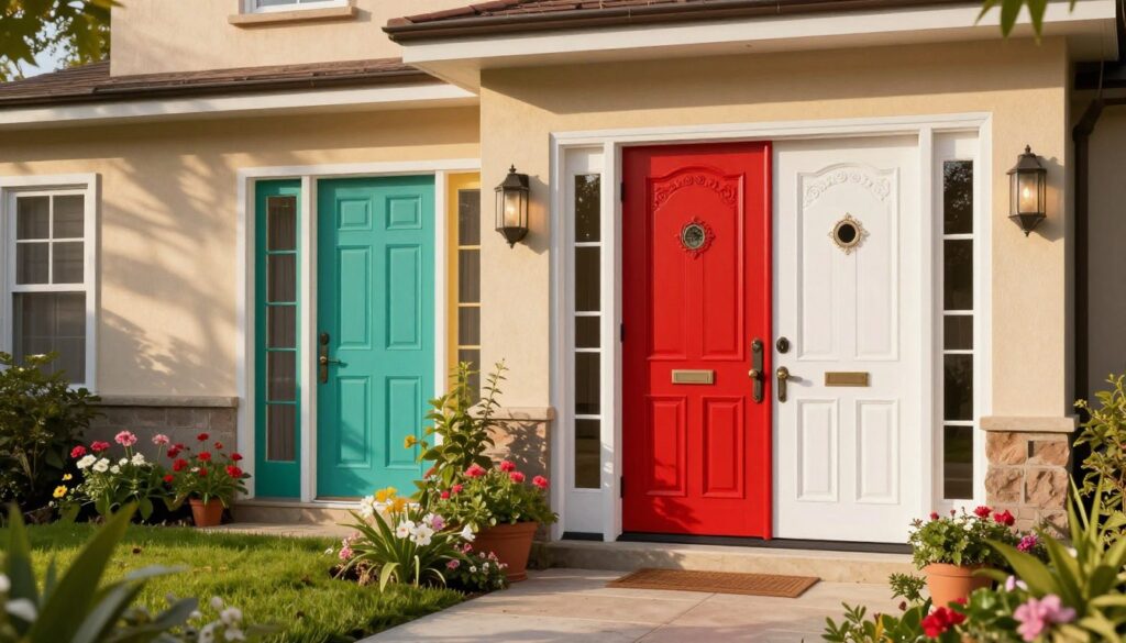 A stylish entrance featuring a selection of colorful exterior doors, showcasing various designs and finishes. In the foreground, a vibrant red door with intricate detailing stands prominently, flanked by a sleek modern door in teal and a classic white door with elegant accents. The middle ground includes a beautifully landscaped path leading to the entrance, with blooming flowers and lush greenery enhancing the appeal. In the background, a charming home with a warm facade complements the doors. Soft afternoon sunlight casts gentle shadows, creating a warm and inviting atmosphere. The image should be captured from a slightly elevated angle to showcase the doors and entrance, with a focus on their distinct colors and styles, evoking a sense of harmony and welcoming charm. A stylish entrance featuring a selection of colorful exterior doors, showcasing various designs and finishes. In the foreground, a vibrant red door with intricate detailing stands prominently, flanked by a sleek modern door in teal and a classic white door with elegant accents. The middle ground includes a beautifully landscaped path leading to the entrance, with blooming flowers and lush greenery enhancing the appeal. In the background, a charming home with a warm facade complements the doors. Soft afternoon sunlight casts gentle shadows, creating a warm and inviting atmosphere. The image should be captured from a slightly elevated angle to showcase the doors and entrance, with a focus on their distinct colors and styles, evoking a sense of harmony and welcoming charm.