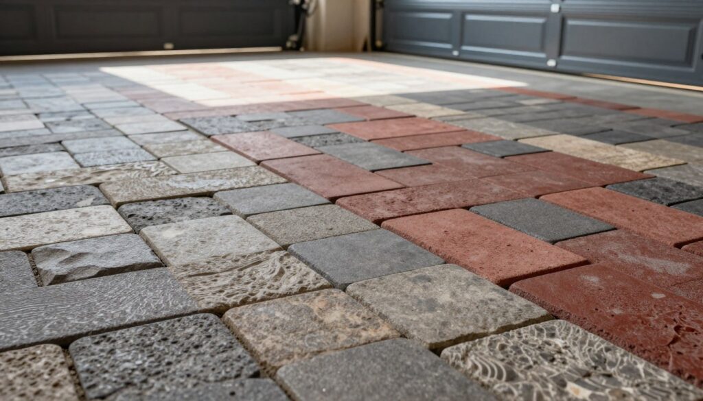 A stylish garage floor showcasing a variety of interlocking paving stones in different colors and textures, emphasizing their durability and aesthetic appeal. The foreground features a close-up of some textured stones, highlighting subtle details such as grooves and patterns. The middle ground includes a wider view of various colored pavers—grays, reds, and earth tones—arranged in a visually appealing layout. The background presents a sleek, modern garage environment with natural light streaming in, illuminating the stones and casting soft shadows. The atmosphere is clean and sophisticated, evoking a sense of practicality yet inviting elegance. The angle is slightly elevated to capture the interplay of colors and textures effectively.