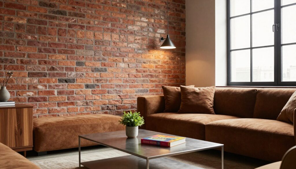 A stylish industrial interior featuring a prominent exposed brick wall, capturing the essence of urban chic. In the foreground, a sleek metal coffee table adorned with minimalist decor elements like a small potted plant and a vibrant book. The middle ground showcases a cozy, modern sofa in rich, earthy tones complementing the brick, paired with a stylish industrial light fixture hanging from the ceiling. The background reveals large windows allowing warm natural light to flood the space, enhancing the texture of the brick and wooden accents. The overall mood is inviting and sophisticated, with a warm color palette that unifies the design. The image should be well-lit, with a soft, diffused glow to create a welcoming atmosphere.