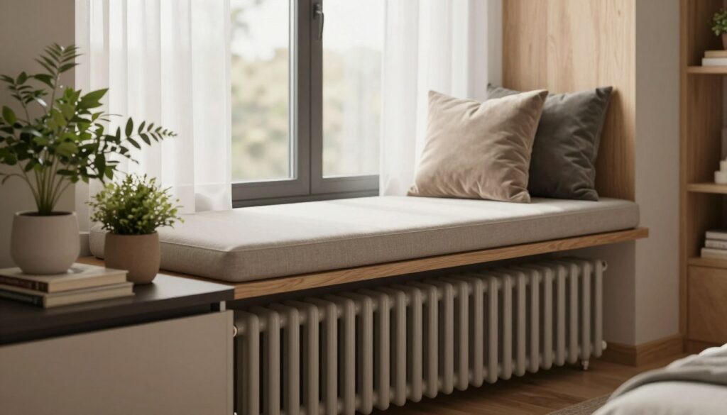 A stylish interior scene featuring a window with a modern, built-in furniture setup over a radiator. In the foreground, showcase a sleek shelf adorned with decorative plants and books. The middle ground features a cozy bench seat with plush cushions, ideally placed above the radiator, inviting relaxation. In the background, a window allows soft, natural light to filter through sheer curtains, enhancing the serene atmosphere. Emphasize warm wood tones and soft textures to create a welcoming vibe. Use a soft-focus effect to create depth, and consider a slight angle shot to add dimension. Aim for a contemporary design that highlights functionality and style, perfect for a living room or bedroom setting. A stylish interior scene featuring a window with a modern, built-in furniture setup over a radiator. In the foreground, showcase a sleek shelf adorned with decorative plants and books. The middle ground features a cozy bench seat with plush cushions, ideally placed above the radiator, inviting relaxation. In the background, a window allows soft, natural light to filter through sheer curtains, enhancing the serene atmosphere. Emphasize warm wood tones and soft textures to create a welcoming vibe. Use a soft-focus effect to create depth, and consider a slight angle shot to add dimension. Aim for a contemporary design that highlights functionality and style, perfect for a living room or bedroom setting.