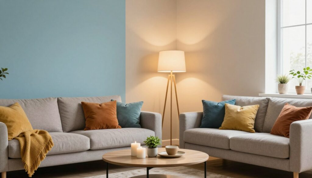 A stylish interior scene showcasing a well-decorated living room with trendy wall colors, featuring a soft pastel blue accent wall and a warm beige primary wall. In the foreground, arrange a modern, comfortable sofa adorned with colorful cushions, and a chic coffee table with a few decorative items like candles and a small plant. The middle ground should include a floor lamp casting a warm glow, illuminating the space and highlighting the color palette. In the background, a window lets in natural light, creating a serene atmosphere. The image should evoke a sense of warmth and trendiness, embodying the essence of contemporary interior design. Emphasize the rich textures and play of light across the walls, carefully capturing the harmonious blend of color and decor. A stylish interior scene showcasing a well-decorated living room with trendy wall colors, featuring a soft pastel blue accent wall and a warm beige primary wall. In the foreground, arrange a modern, comfortable sofa adorned with colorful cushions, and a chic coffee table with a few decorative items like candles and a small plant. The middle ground should include a floor lamp casting a warm glow, illuminating the space and highlighting the color palette. In the background, a window lets in natural light, creating a serene atmosphere. The image should evoke a sense of warmth and trendiness, embodying the essence of contemporary interior design. Emphasize the rich textures and play of light across the walls, carefully capturing the harmonious blend of color and decor.