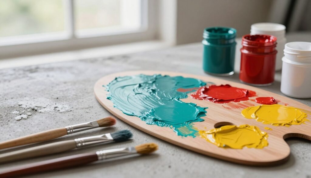 A vibrant display of acrylic paints in a professional setting, arranged on a wooden palette with rich colors like teal, crimson, and mustard yellow. In the foreground, several paintbrushes of varying sizes lie beside the palette, their bristles coated in the thick, textured paint. The middle ground features a partially painted concrete surface, showcasing the smooth application of acrylic paint to emphasize its compatibility with architectural concrete finishes. Soft, diffused natural light streams in from a large window in the background, creating an inviting and creative atmosphere. The overall mood is inspiring and artistic, capturing the essence of using acrylics for protective and decorative purposes on concrete surfaces.