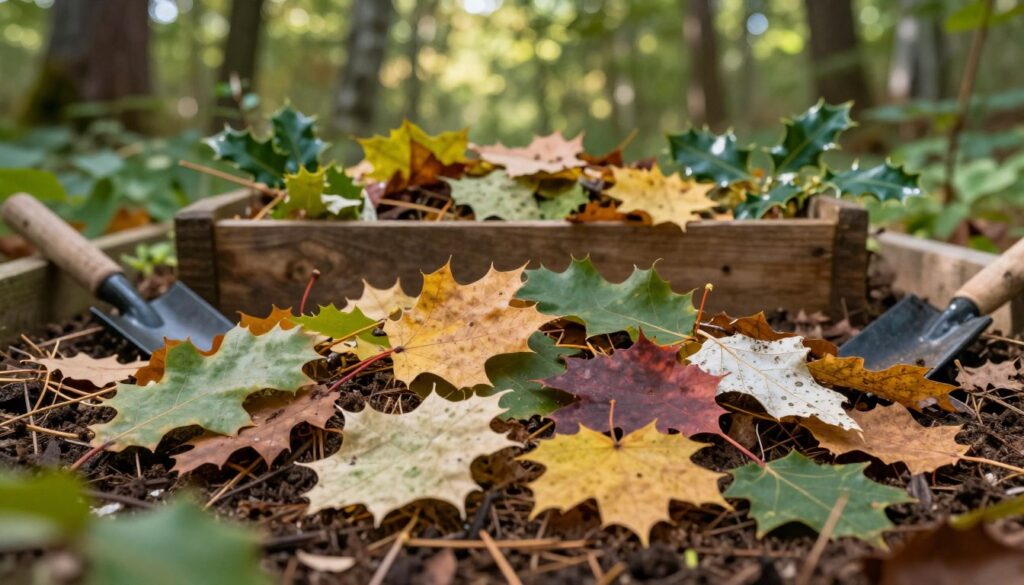 A vibrant forest scene showcasing various types of leaves suitable for composting, prominently displayed in the foreground. Include a mix of leaves such as oak, maple, and birch, highlighting their textures and colors, with a few problematic types like pine needles and holly leaves subtly in the background. The middle ground features a wooden compost bin filled to the brim with the desired leaves, surrounded by earthy soil and small garden tools. Soft, natural sunlight filters through the trees, creating dappled light effects that enhance the colors, and a shallow depth of field brings focus to the leaves, while a faint blurred background adds depth. The atmosphere is calm and inviting, perfect for a home garden setting, inspiring the viewer to engage in composting. A vibrant forest scene showcasing various types of leaves suitable for composting, prominently displayed in the foreground. Include a mix of leaves such as oak, maple, and birch, highlighting their textures and colors, with a few problematic types like pine needles and holly leaves subtly in the background. The middle ground features a wooden compost bin filled to the brim with the desired leaves, surrounded by earthy soil and small garden tools. Soft, natural sunlight filters through the trees, creating dappled light effects that enhance the colors, and a shallow depth of field brings focus to the leaves, while a faint blurred background adds depth. The atmosphere is calm and inviting, perfect for a home garden setting, inspiring the viewer to engage in composting.
