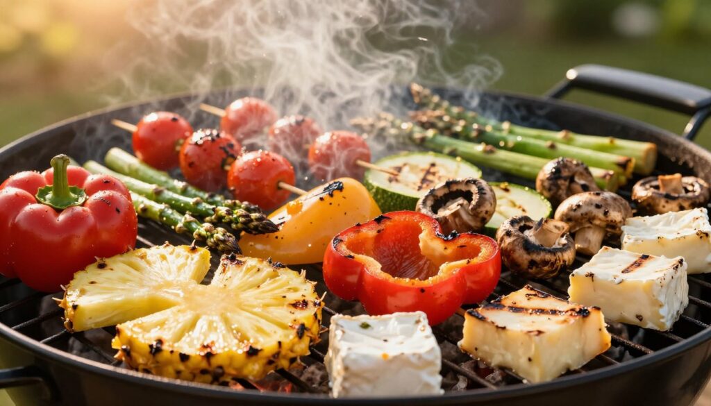A vibrant grill laden with a colorful assortment of vegetables, fruits, and cheeses, focusing on bright bell peppers, zucchini, and mushrooms, all perfectly charred. In the foreground, juicy slices of pineapple and creamy brie are lightly sizzling, emanating enticing aromas. The middle ground features a close-up of skewered cherry tomatoes and asparagus, their colors vivid against the warm, smoky backdrop of the grill. Soft, golden sunset lighting bathes the scene, highlighting the textures and freshness of the ingredients, while subtle steam rises, enhancing the grilled essence. The background hints at a cozy outdoor setting with greenery blurred softly, evoking a warm and inviting atmosphere perfect for a unique grilling experience. A vibrant grill laden with a colorful assortment of vegetables, fruits, and cheeses, focusing on bright bell peppers, zucchini, and mushrooms, all perfectly charred. In the foreground, juicy slices of pineapple and creamy brie are lightly sizzling, emanating enticing aromas. The middle ground features a close-up of skewered cherry tomatoes and asparagus, their colors vivid against the warm, smoky backdrop of the grill. Soft, golden sunset lighting bathes the scene, highlighting the textures and freshness of the ingredients, while subtle steam rises, enhancing the grilled essence. The background hints at a cozy outdoor setting with greenery blurred softly, evoking a warm and inviting atmosphere perfect for a unique grilling experience.