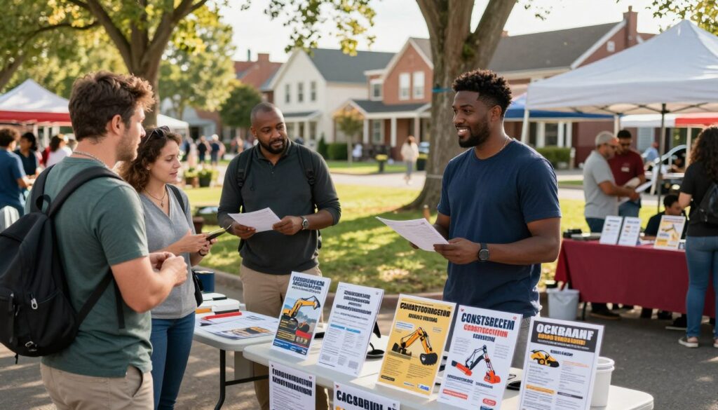 A vibrant local community scene showcasing a bustling marketplace filled with colorful stalls. In the foreground, a friendly vendor stands behind a table displaying flyers and posters advertising local construction services, emphasizing excavation and machinery rentals. The vendor is dressed in smart casual clothing, engaging with potential customers. In the middle ground, a diverse group of people discuss and examine offers, with a nearby park backdrop. The background features charming local buildings and trees bathed in warm afternoon sunlight, creating an inviting atmosphere. The image captures a sense of connection and community, highlighting the effectiveness of local advertising and neighborhood marketing efforts. The composition is bright and lively, with a shallow depth of field focusing on the foreground interactions.