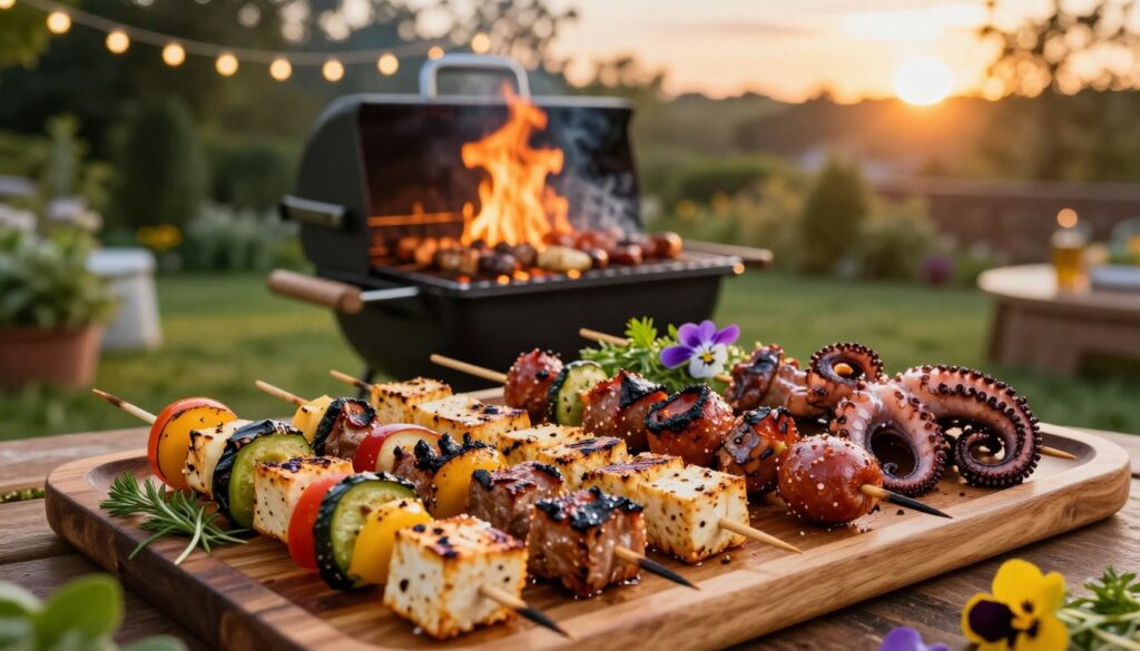 A vibrant summer barbecue scene featuring an array of unusual grilled snacks. In the foreground, a beautifully arranged wooden platter showcases colorful skewers of grilled vegetables, marinated tofu, and unique meats like grilled octopus and chorizo, each expertly charred and glistening. Fresh herbs and edible flowers are scattered artfully for an inviting touch. In the middle, a grill is visibly cooking more exotic treats, with flames licking the sides, creating an atmosphere of sizzling excitement. The background features a lush green garden setting with fairy lights strung overhead, casting a warm, golden glow as the sun sets, enhancing the convivial mood. The image should be captured from a slightly elevated angle, focusing on both the food and the inviting setting, evoking a sense of wonder and culinary adventure. A vibrant summer barbecue scene featuring an array of unusual grilled snacks. In the foreground, a beautifully arranged wooden platter showcases colorful skewers of grilled vegetables, marinated tofu, and unique meats like grilled octopus and chorizo, each expertly charred and glistening. Fresh herbs and edible flowers are scattered artfully for an inviting touch. In the middle, a grill is visibly cooking more exotic treats, with flames licking the sides, creating an atmosphere of sizzling excitement. The background features a lush green garden setting with fairy lights strung overhead, casting a warm, golden glow as the sun sets, enhancing the convivial mood. The image should be captured from a slightly elevated angle, focusing on both the food and the inviting setting, evoking a sense of wonder and culinary adventure.