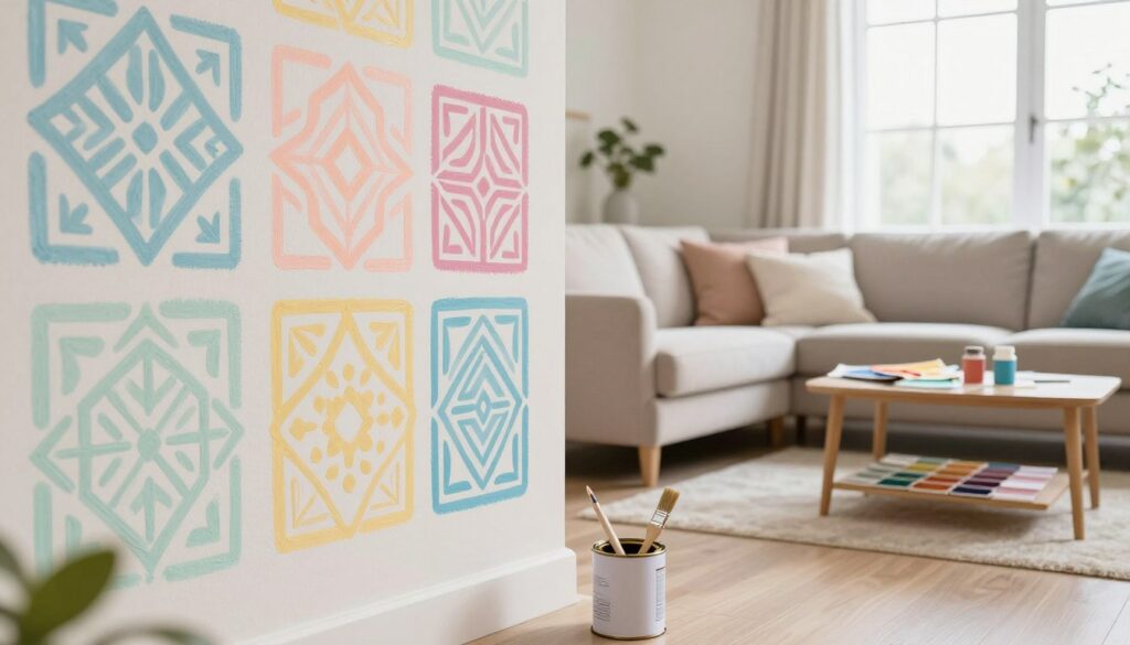 A vibrant, well-lit living room showcasing decorative wall painting techniques using stencils. In the foreground, a beautifully designed wall with intricate, geometric patterns made with paint stencils in soft pastel colors, emphasizing creativity and style. A paintbrush and an open can of paint sit nearby, hinting at the DIY aspect. In the middle ground, a comfortable sofa and a side table with art supplies, including stencils and color swatches, create a cozy atmosphere. The background features large windows allowing natural light to flood the room, enhancing the warm and inviting feel. The scene captures a sense of inspiration and artistic flair, perfect for illustrating an innovative approach to affordable interior decoration. A vibrant, well-lit living room showcasing decorative wall painting techniques using stencils. In the foreground, a beautifully designed wall with intricate, geometric patterns made with paint stencils in soft pastel colors, emphasizing creativity and style. A paintbrush and an open can of paint sit nearby, hinting at the DIY aspect. In the middle ground, a comfortable sofa and a side table with art supplies, including stencils and color swatches, create a cozy atmosphere. The background features large windows allowing natural light to flood the room, enhancing the warm and inviting feel. The scene captures a sense of inspiration and artistic flair, perfect for illustrating an innovative approach to affordable interior decoration.